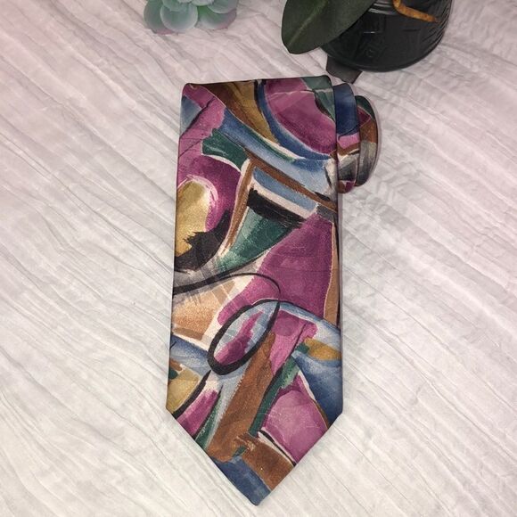 Adolfo Pink Blue Light Brown Black Artsy Polyester Designer Tie - Picture 1 of 10